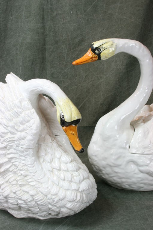 Pair of Italian Glazed Ceramic Swan Tureens 6