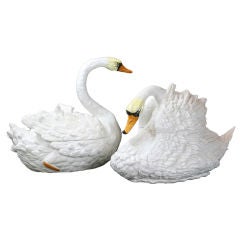 Pair of Italian Glazed Ceramic Swan Tureens