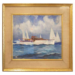 Oil on Canvas Painting of a Vintage Yacht at Sea