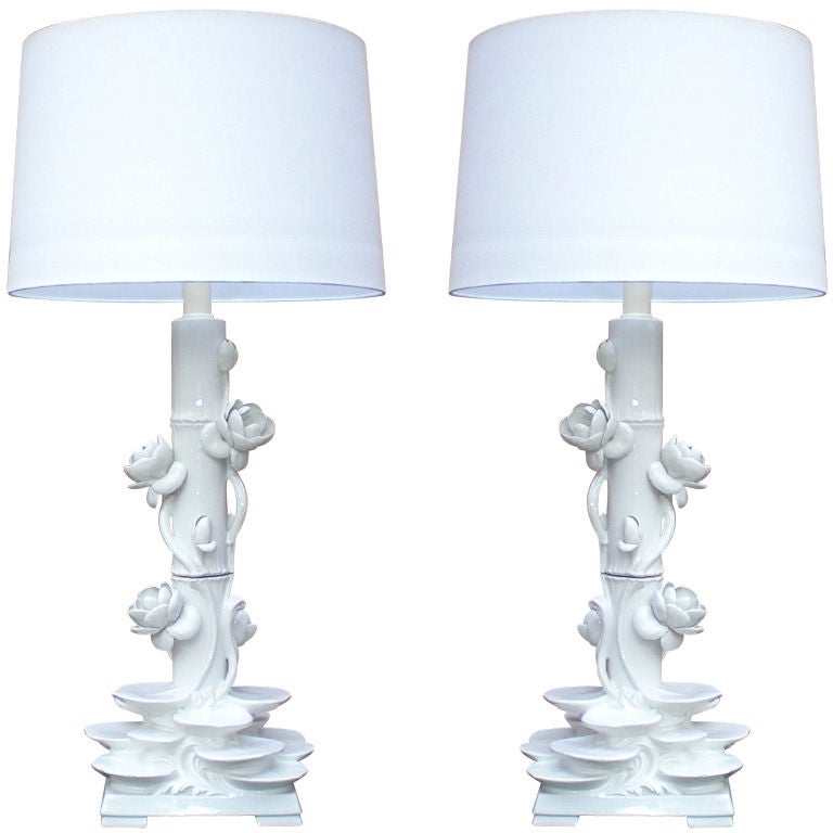 Monumental Pair of White Ceramic Lamps