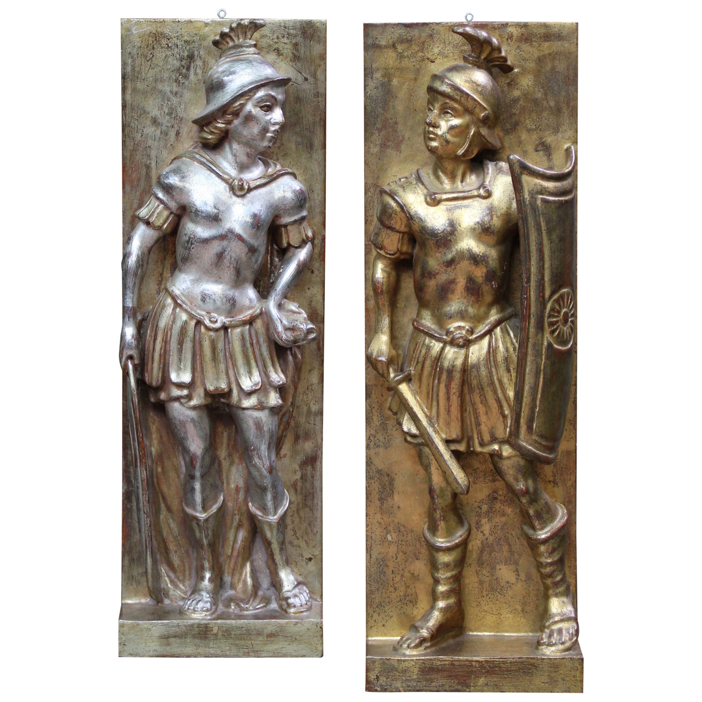 Pair of Italian Carved Wood Gladiator Plaques