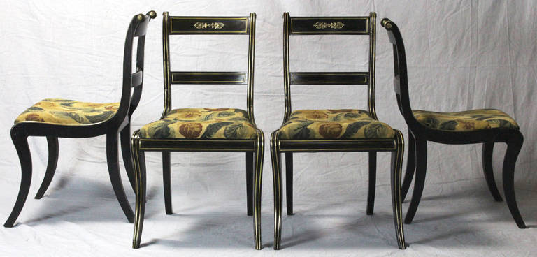 British Set of Four Regency Dining Chairs with Brass Inlay