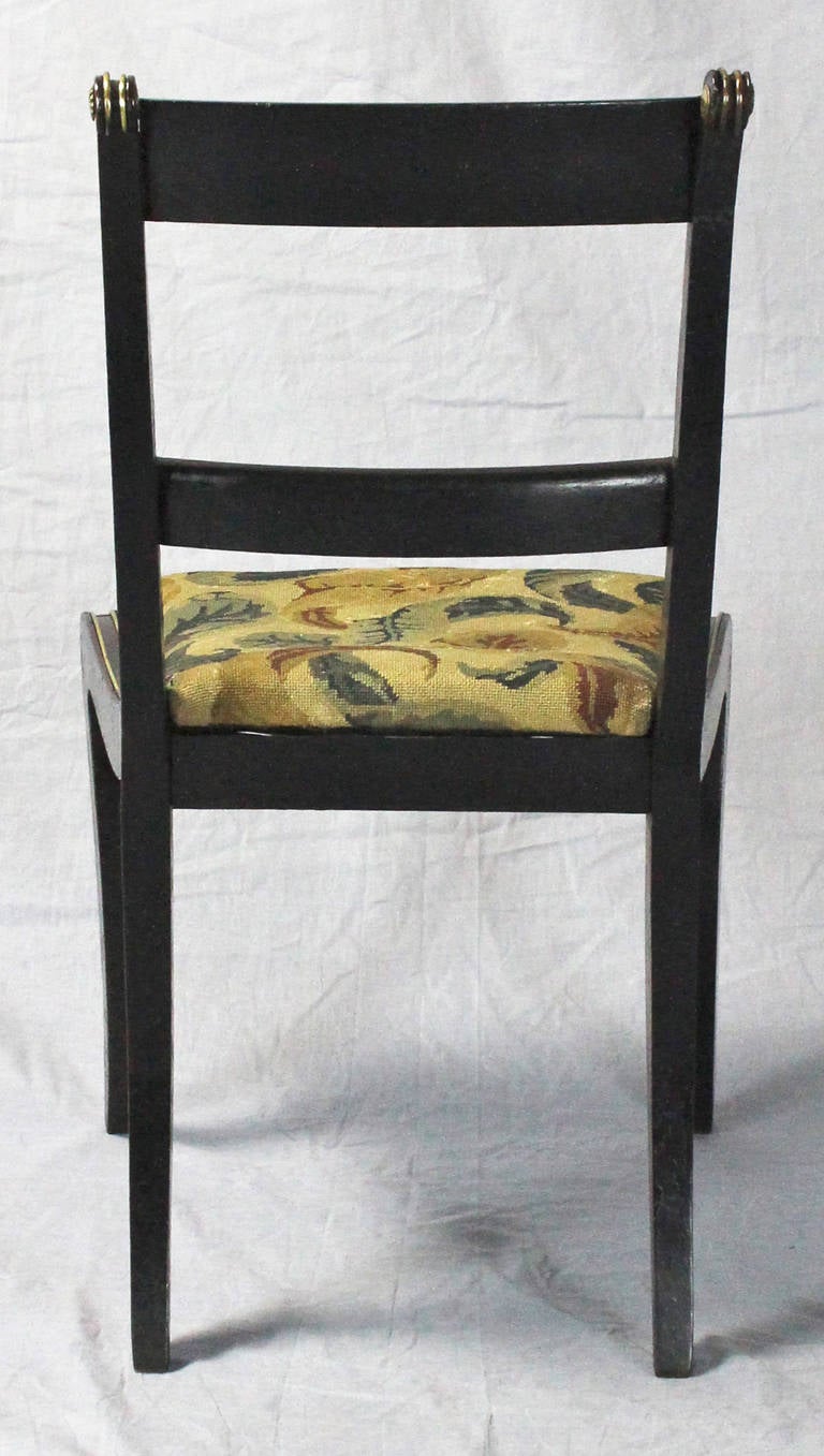 Wood Set of Four Regency Dining Chairs with Brass Inlay