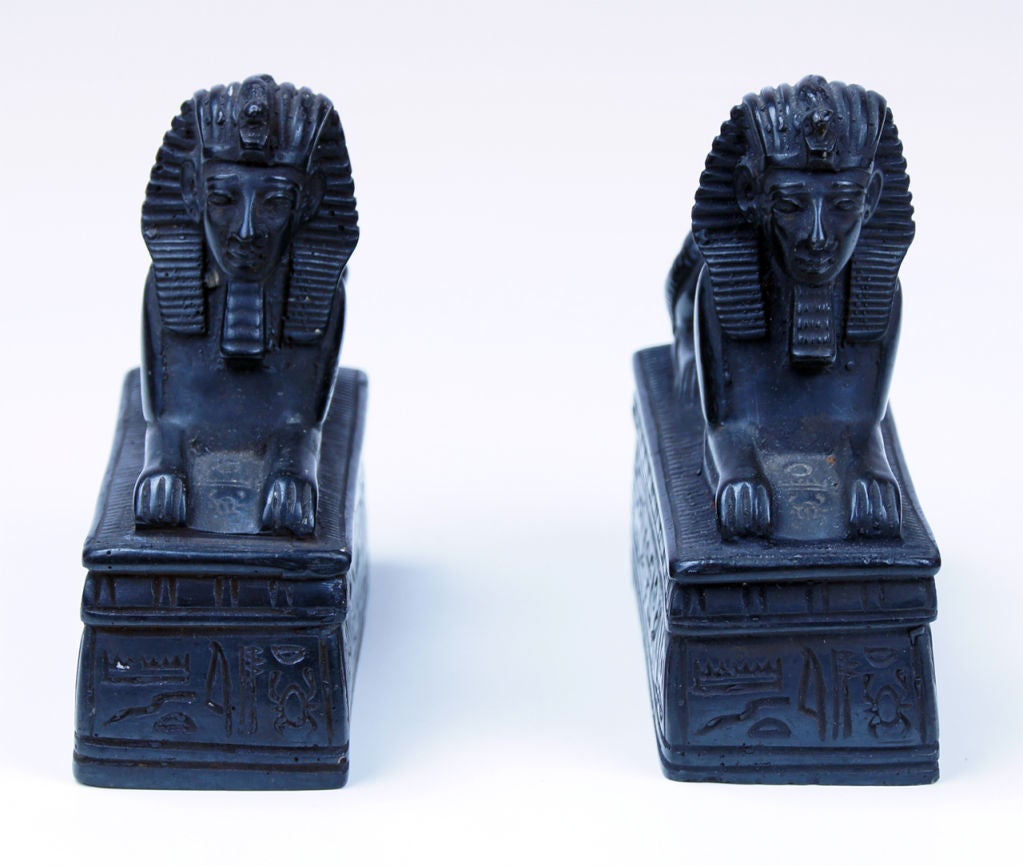 A charming pair of Sphinxes carved from black basalt. Sold as souvenirs in the late 19th or early 20th century.