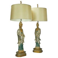 Pair of Large Carved Wood Lamps Attributed to James Mont