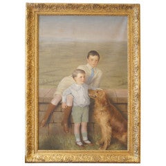 Antique 8' Tall Portrait of Two Boys and Their Dog