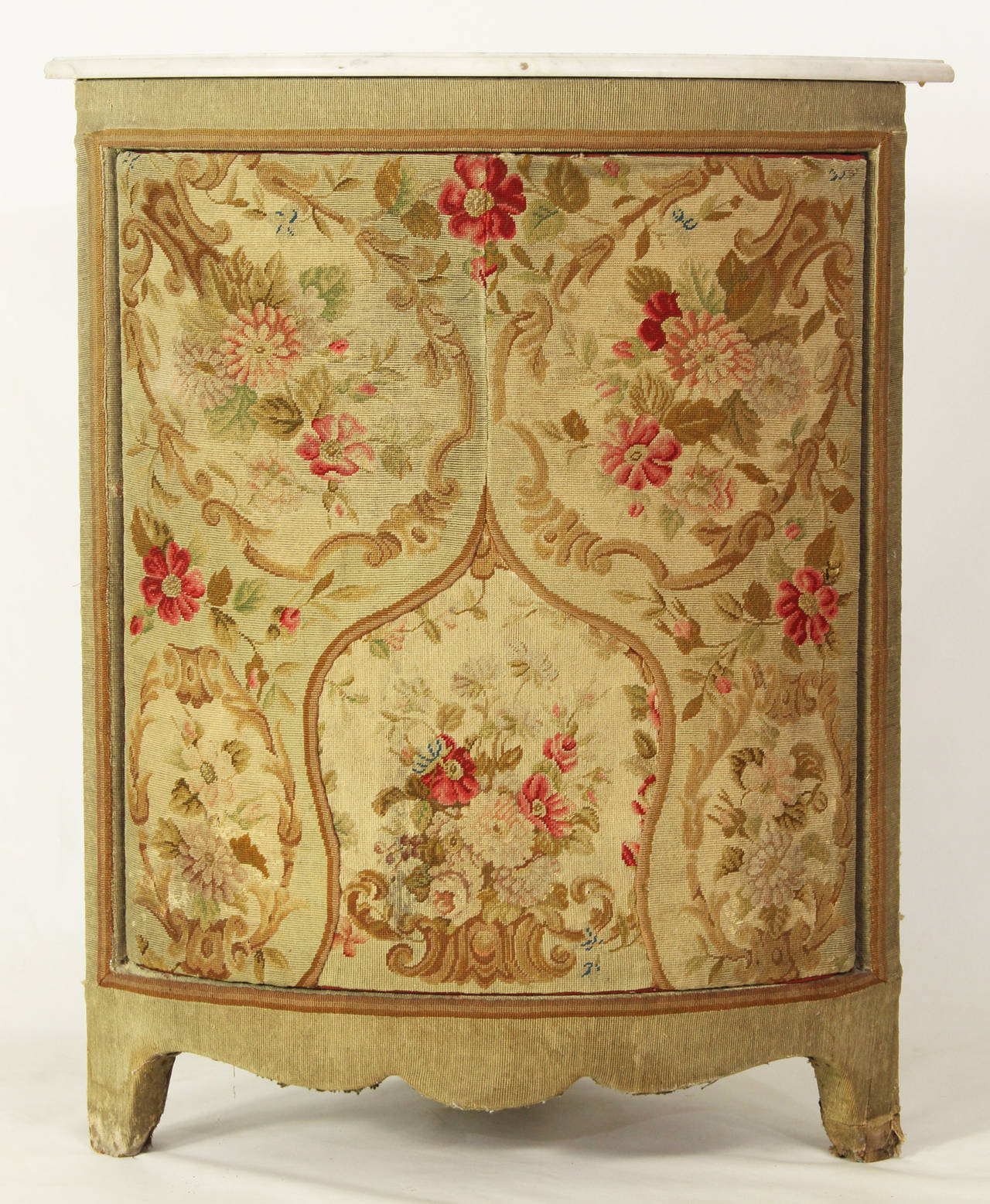 A mid 19th century French floral tapestry bowfront corner cabinet with original pale grey marble top