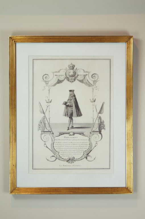 A set of six large 18th Century engravings of French kings, custom matted in elegant ribbed, giltwood frames.