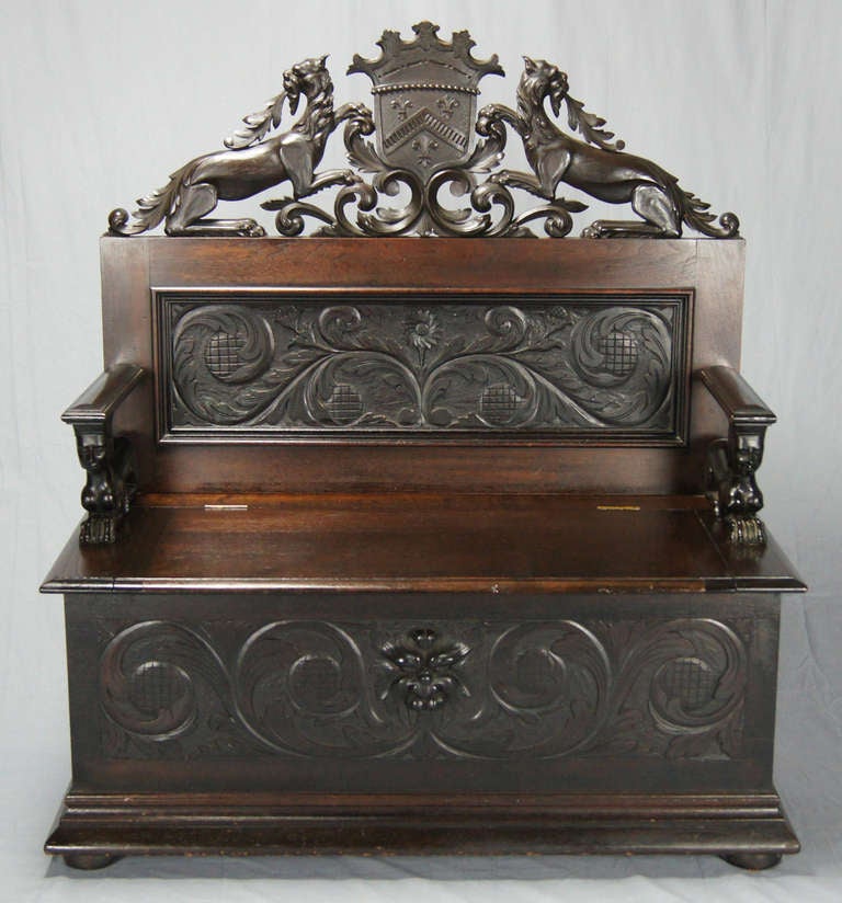 French Carved Walnut Renaissance Revival Hall Bench