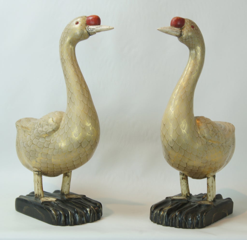 Chinese Pair of Carved Wood and Gilt Decorated Geese