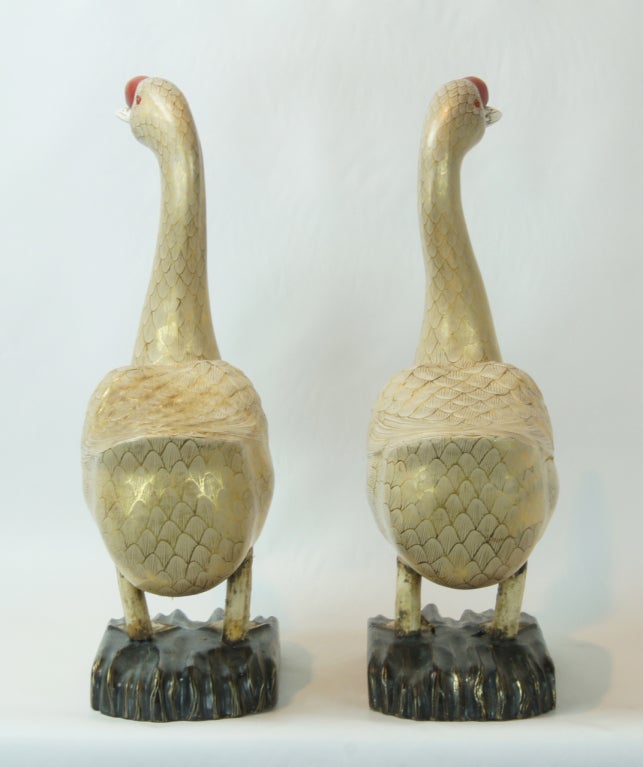 20th Century Pair of Carved Wood and Gilt Decorated Geese