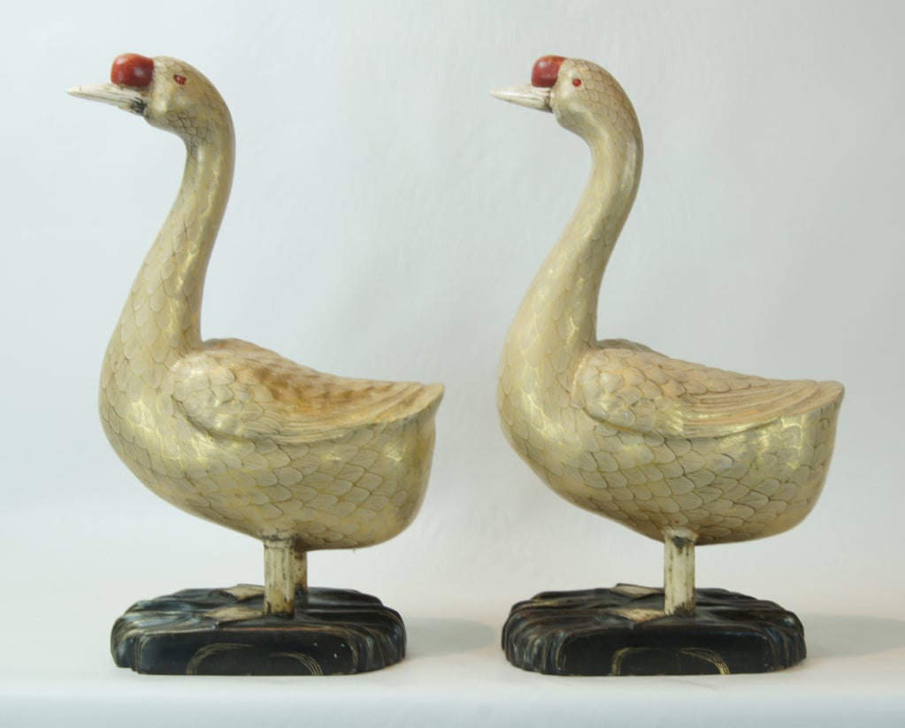 Pair of Carved Wood and Gilt Decorated Geese 1