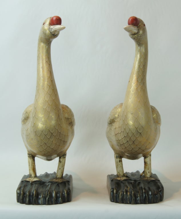 Pair of Carved Wood and Gilt Decorated Geese 2