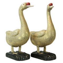 Pair of Carved Wood and Gilt Decorated Geese