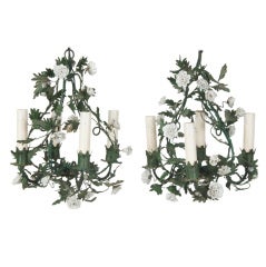 Antique Pair of 19th C French Tole Chandeliers with Porcelain Flowers