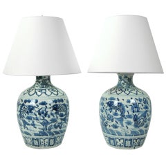 Pair of Large Chinese Blue and White Ceramic Table Lamps