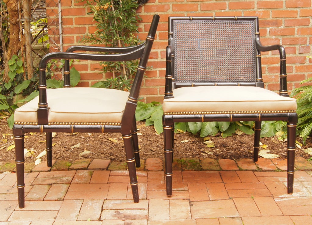 Pair of Faux Bamboo Black Lacquer Arm Chairs In Excellent Condition In Kilmarnock, VA