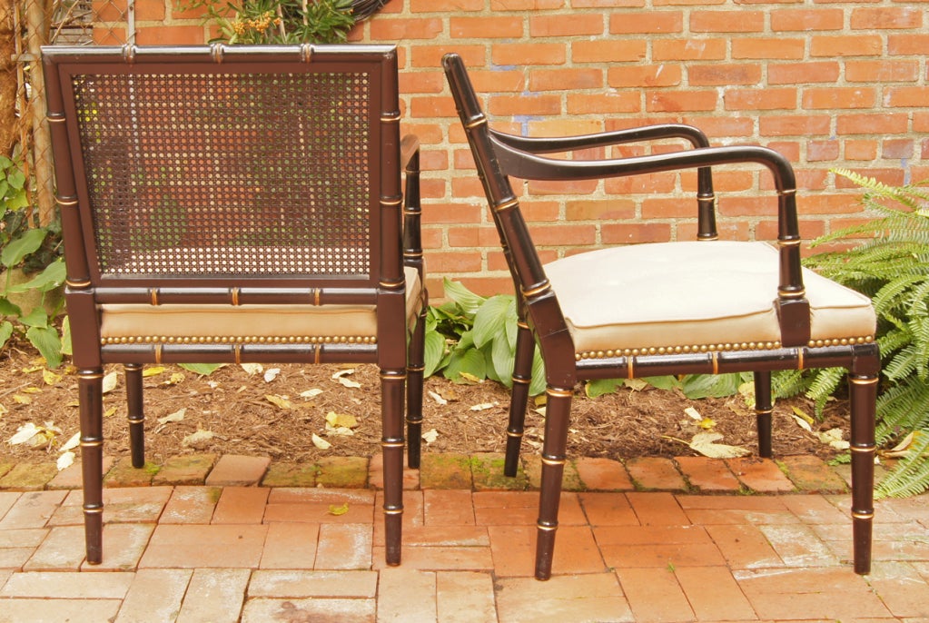Mid-20th Century Pair of Faux Bamboo Black Lacquer Arm Chairs