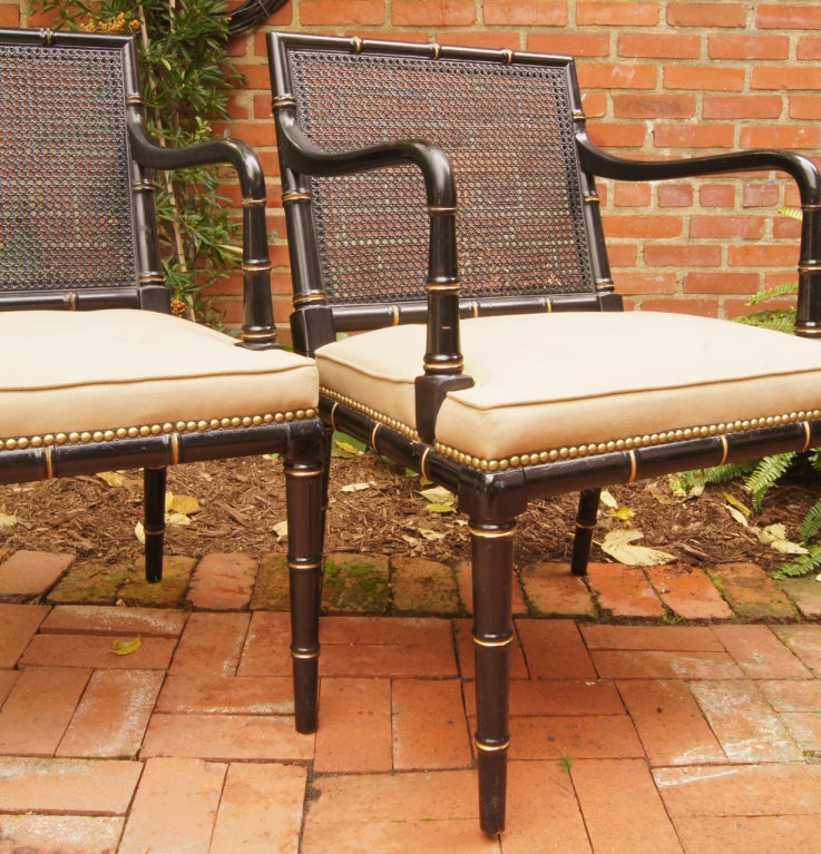 Pair of Faux Bamboo Black Lacquer Arm Chairs 1