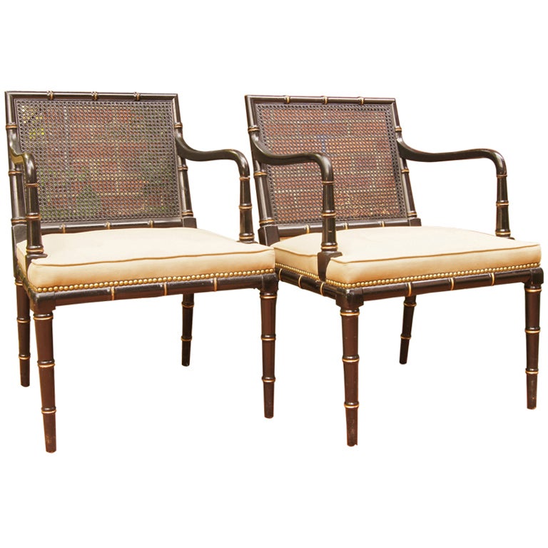 Pair of Faux Bamboo Black Lacquer Arm Chairs