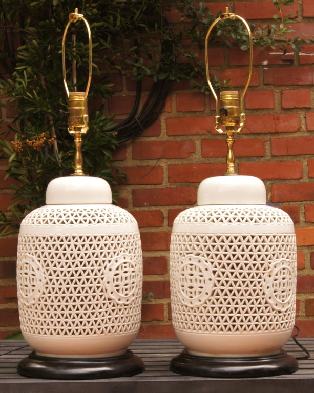 19th Century Pair of Chinese Pierced Blanc de Chine Covered Jar Lamps