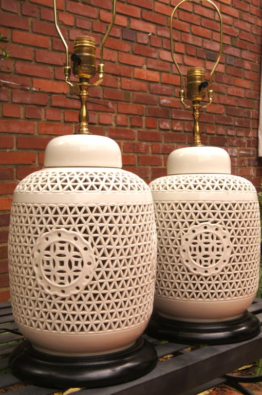 Ceramic Pair of Chinese Pierced Blanc de Chine Covered Jar Lamps