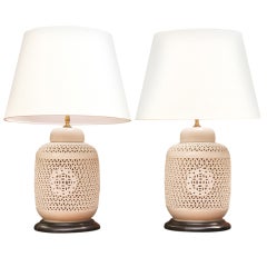 Pair of Chinese Pierced Blanc de Chine Covered Jar Lamps