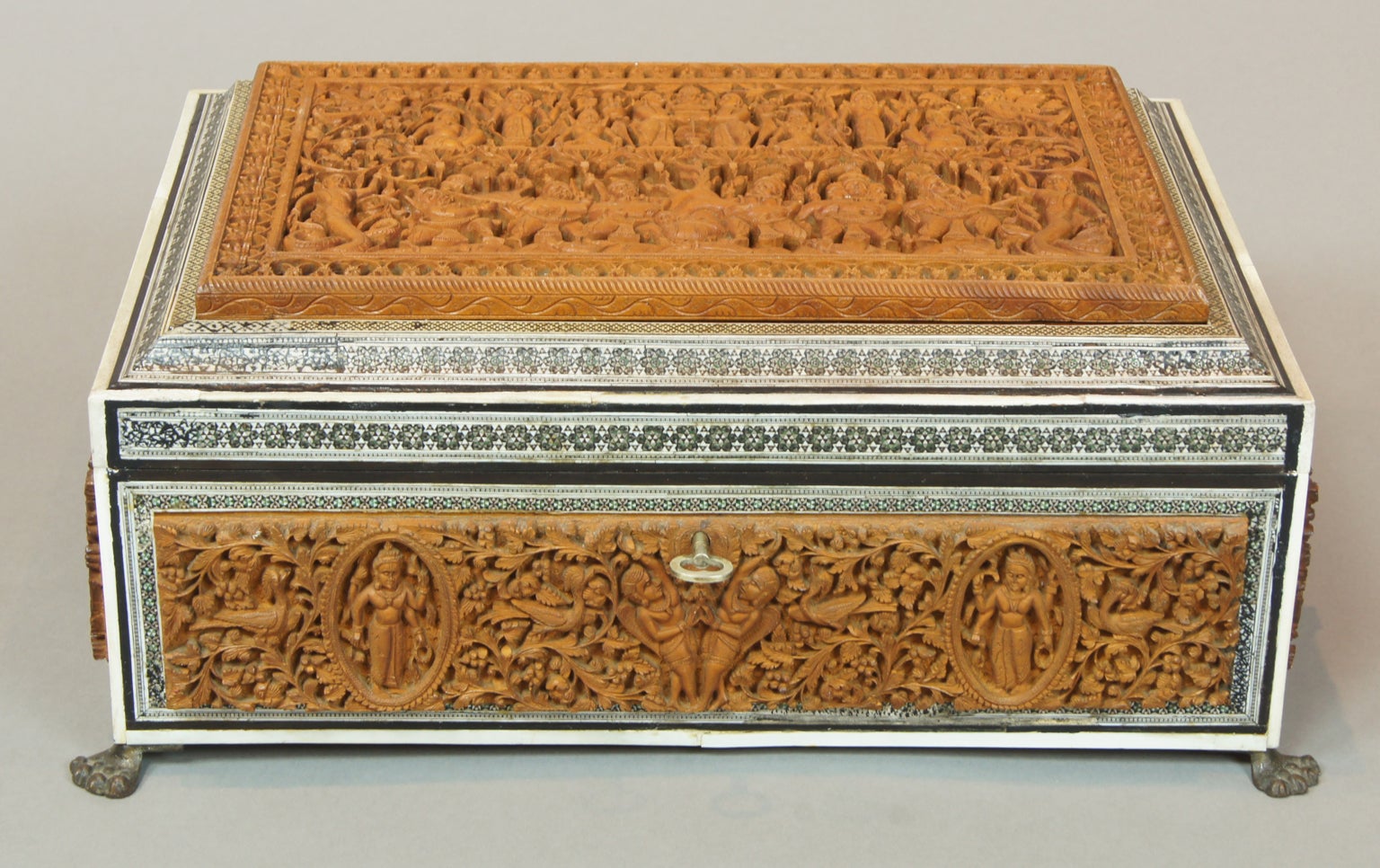 Anglo Indian Carved Wood and Ivory Sewing Box