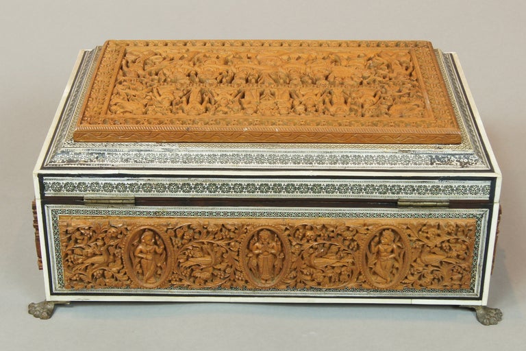 Anglo Indian Carved Wood and Ivory Sewing Box In Good Condition In Kilmarnock, VA
