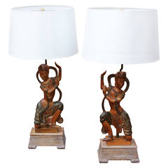 Pair of Carved Wood James Mont Table Lamps
