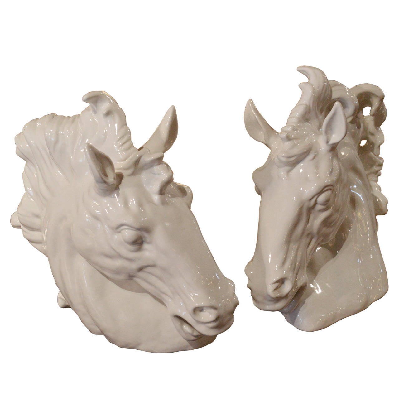 Pair of White Italian Mid-Century Majolica Horse Busts For Sale