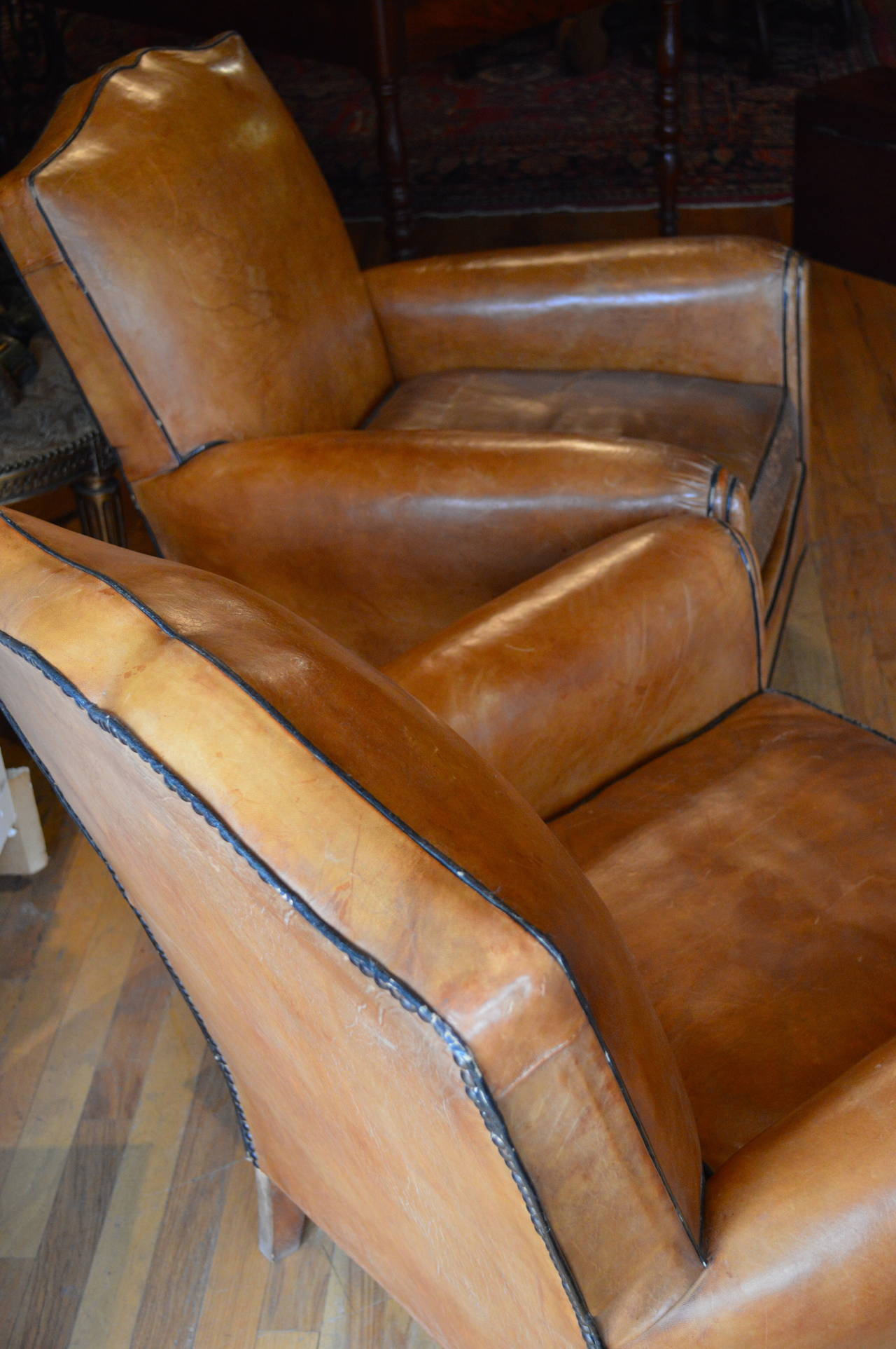 Beech Pair of French Leather Art Deco Club Chairs