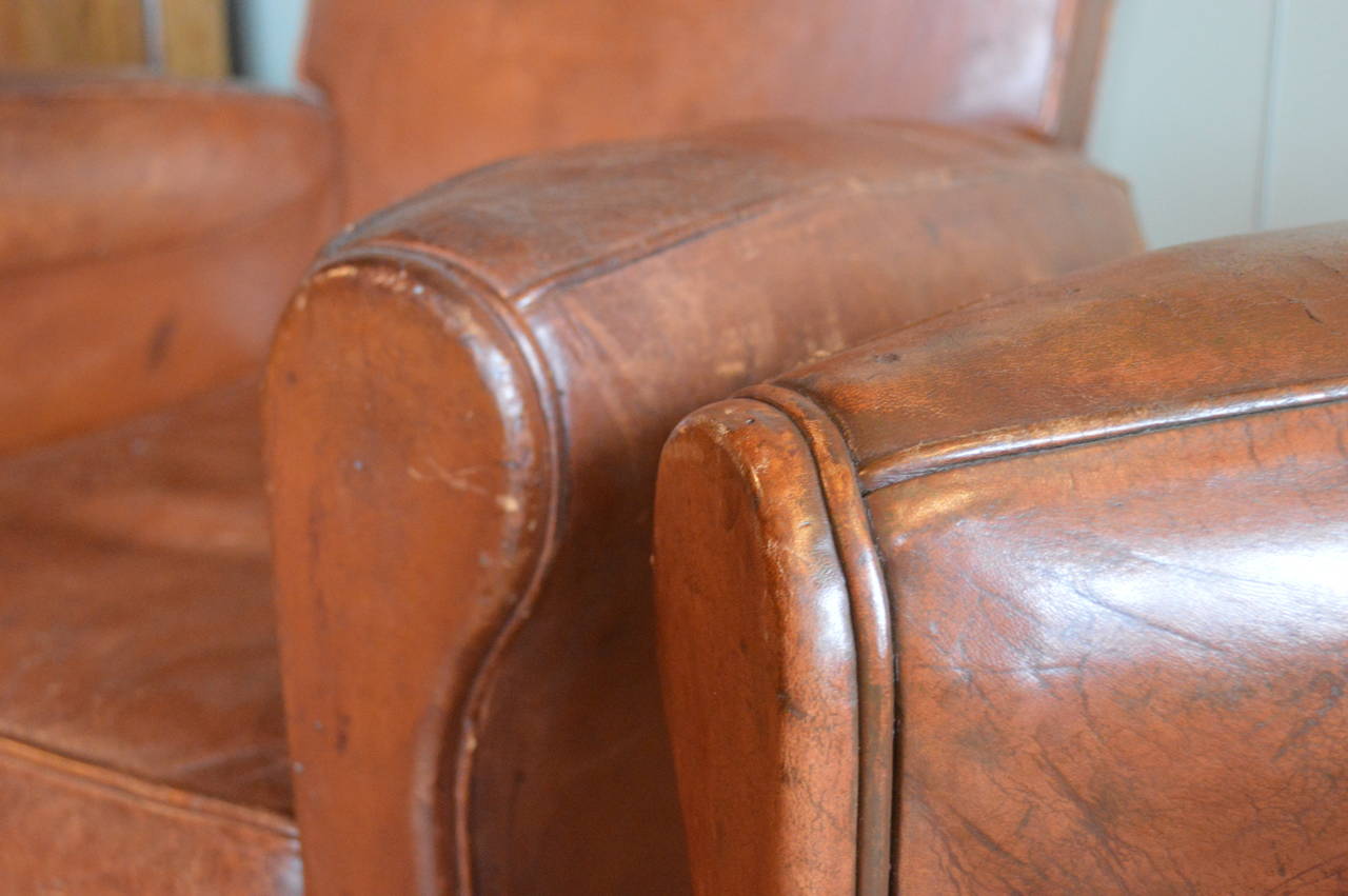 20th Century Pair of Leather Art Deco Club Chairs, Mustache Form For Sale