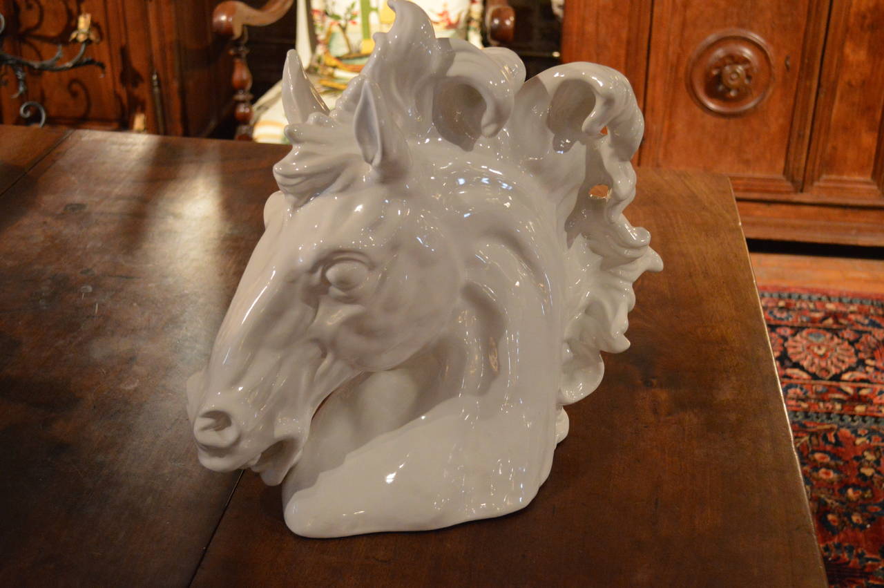 Ceramic Pair of White Italian Mid-Century Majolica Horse Busts For Sale