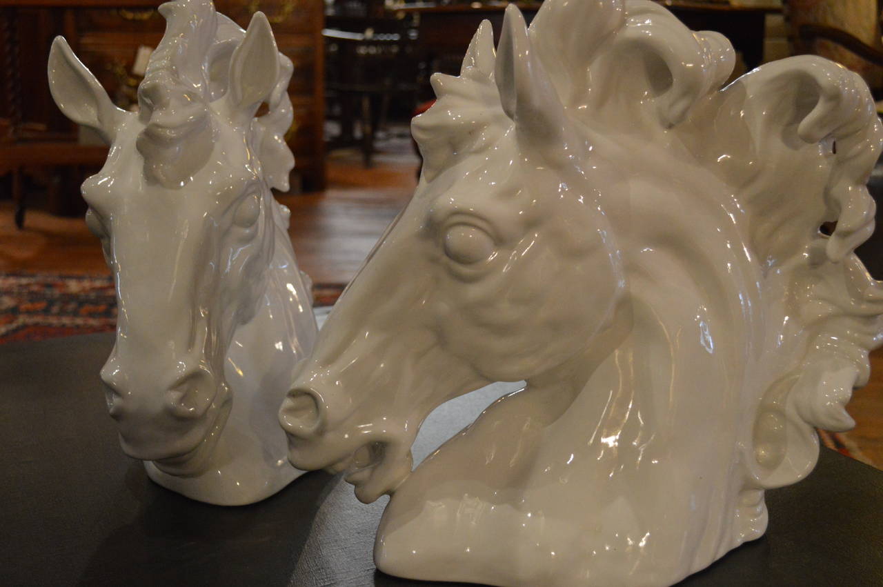 Mid-Century Modern Pair of White Italian Mid-Century Majolica Horse Busts For Sale
