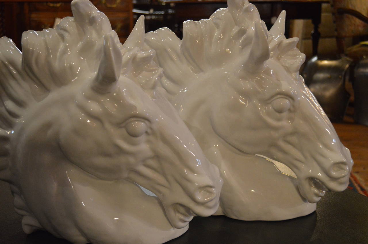 Mid-20th Century Pair of White Italian Mid-Century Majolica Horse Busts For Sale
