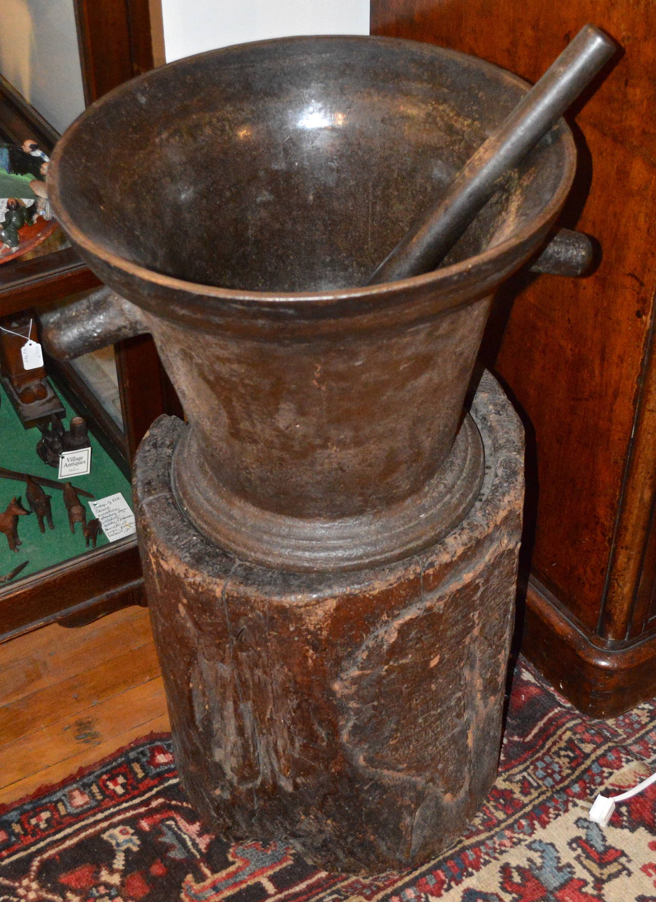 French 18th Century Cast Iron Mortar and Pestle Mounted on Stump For Sale