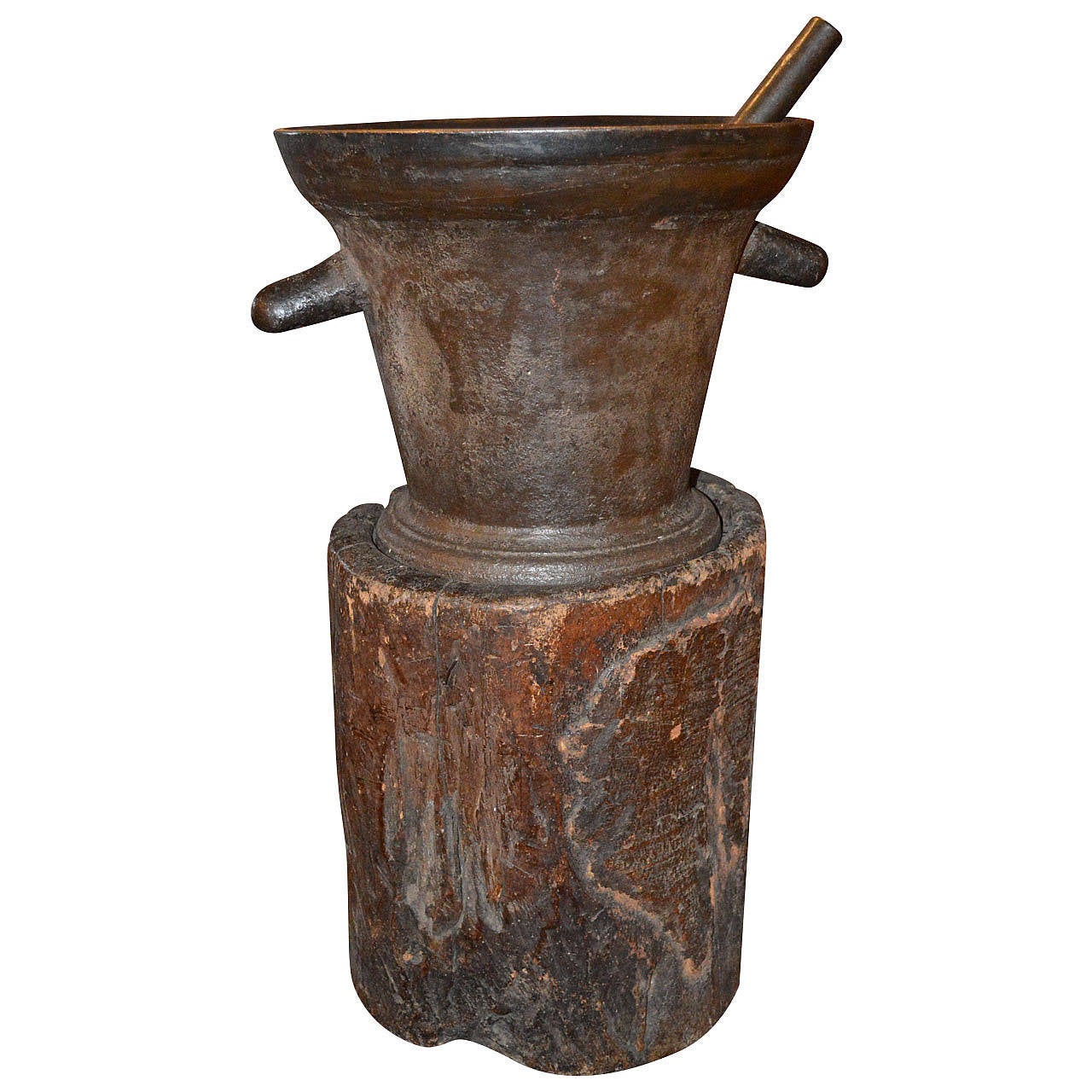 18th Century Cast Iron Mortar and Pestle Mounted on Stump For Sale