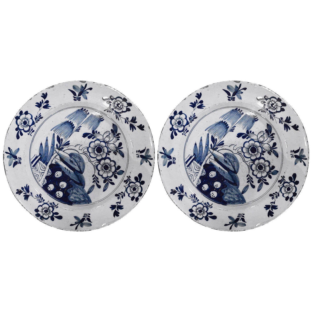 Pair of 18th Century Blue and White Porcelain Delft Platters For Sale