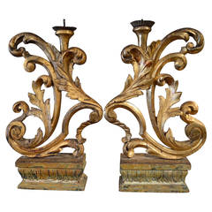 Pair of Carved Italian Rococo Bois Doré Prickets, 18th Century