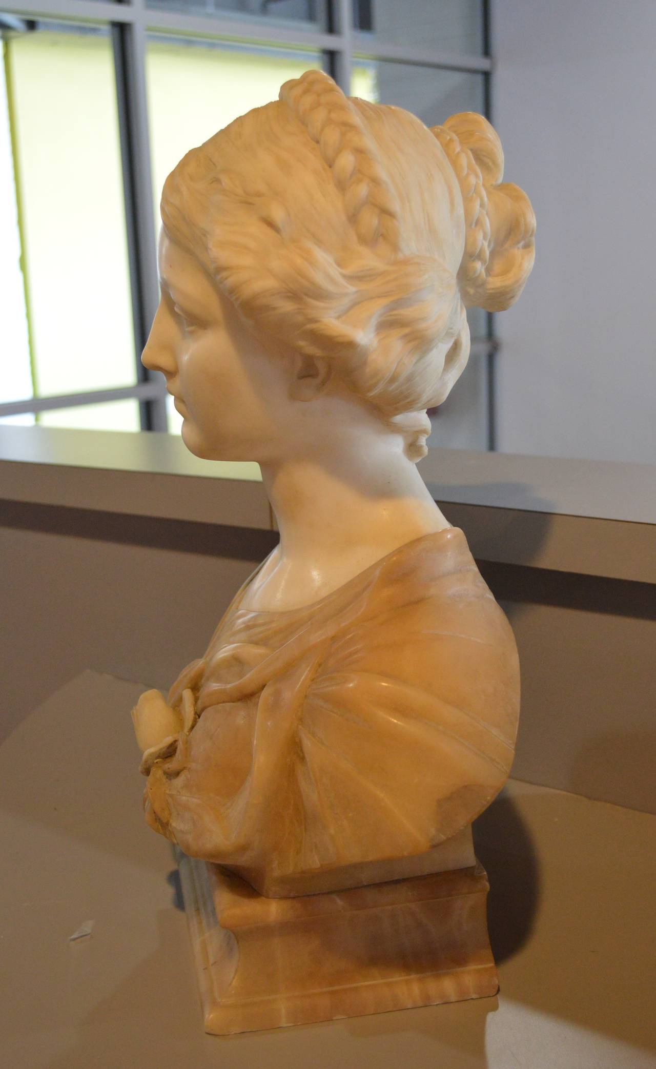 European 19th Century Carved Bust of Lady, Alabaster and Marble