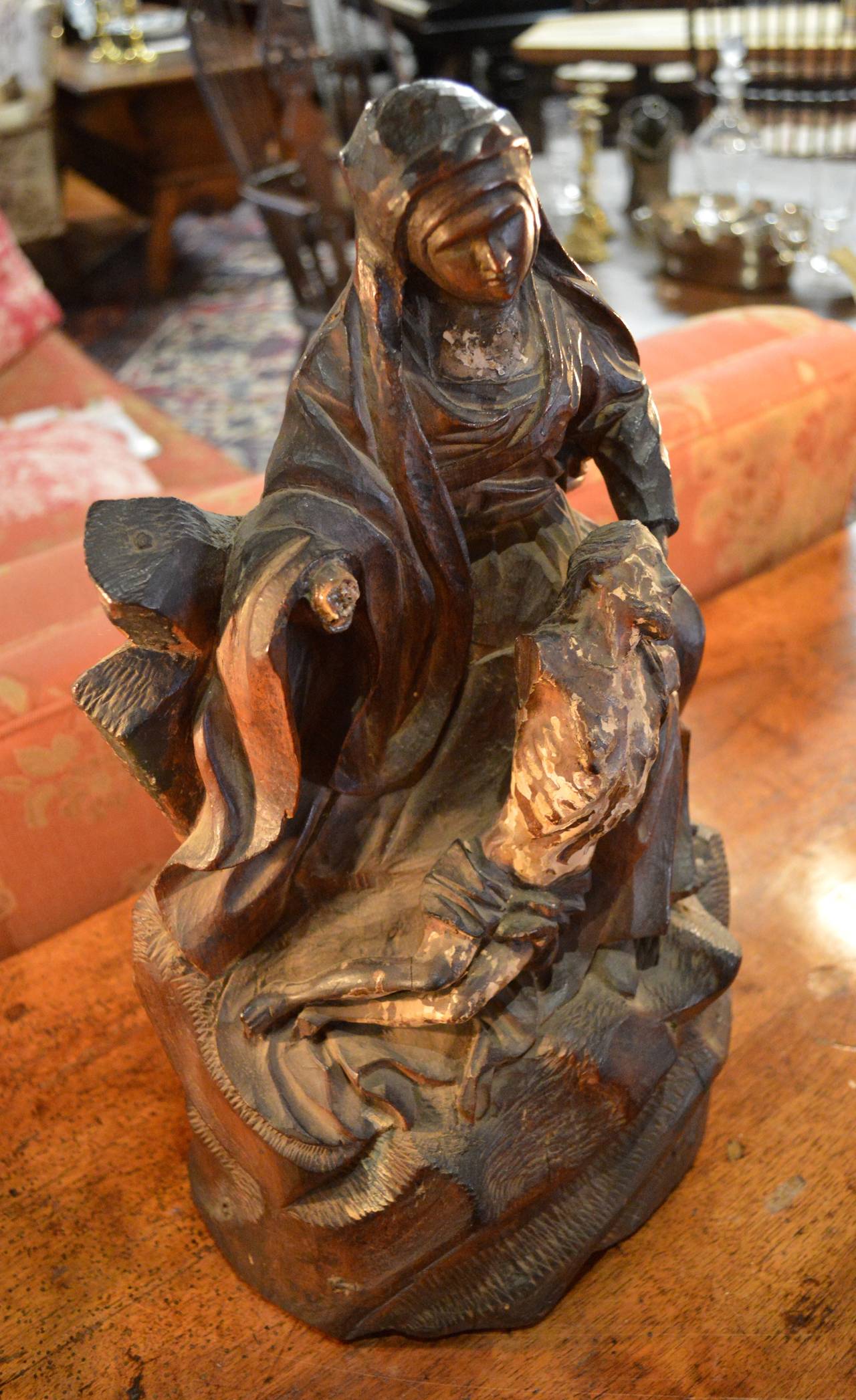 18th century Pieta, Saint Anne and Jesus, probably Spanish, in the Baroque manner carved from a single block of wood.