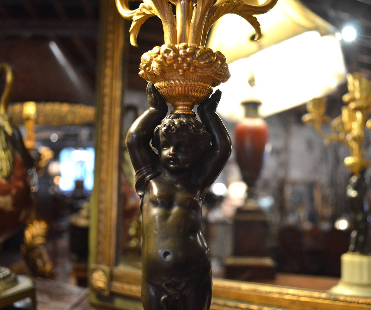 Pair of Louis XVI Style Gilt and Patinated Bronze and Carved Marble Candelabrum