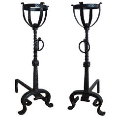 Pair of American Late 19th Century Fine Wrought Iron Andirons