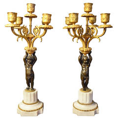 Antique Pair of Louis XVI Style Gilt and Patinated Bronze and Carved Marble Candelabrum