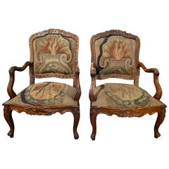 Pair of Finely Carved Walnut Louis XV Style Rococo Fauteuil a La Reine