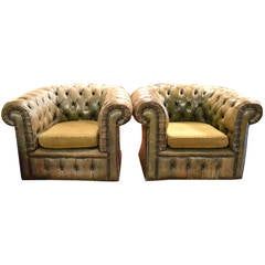 English Green Leather Tufted Chesterfield Club Chairs