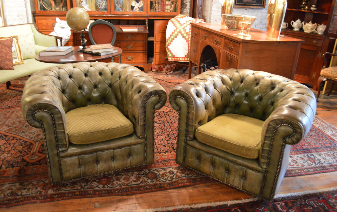 English Green Leather Tufted Chesterfield Club Chairs For Sale at 1stDibs