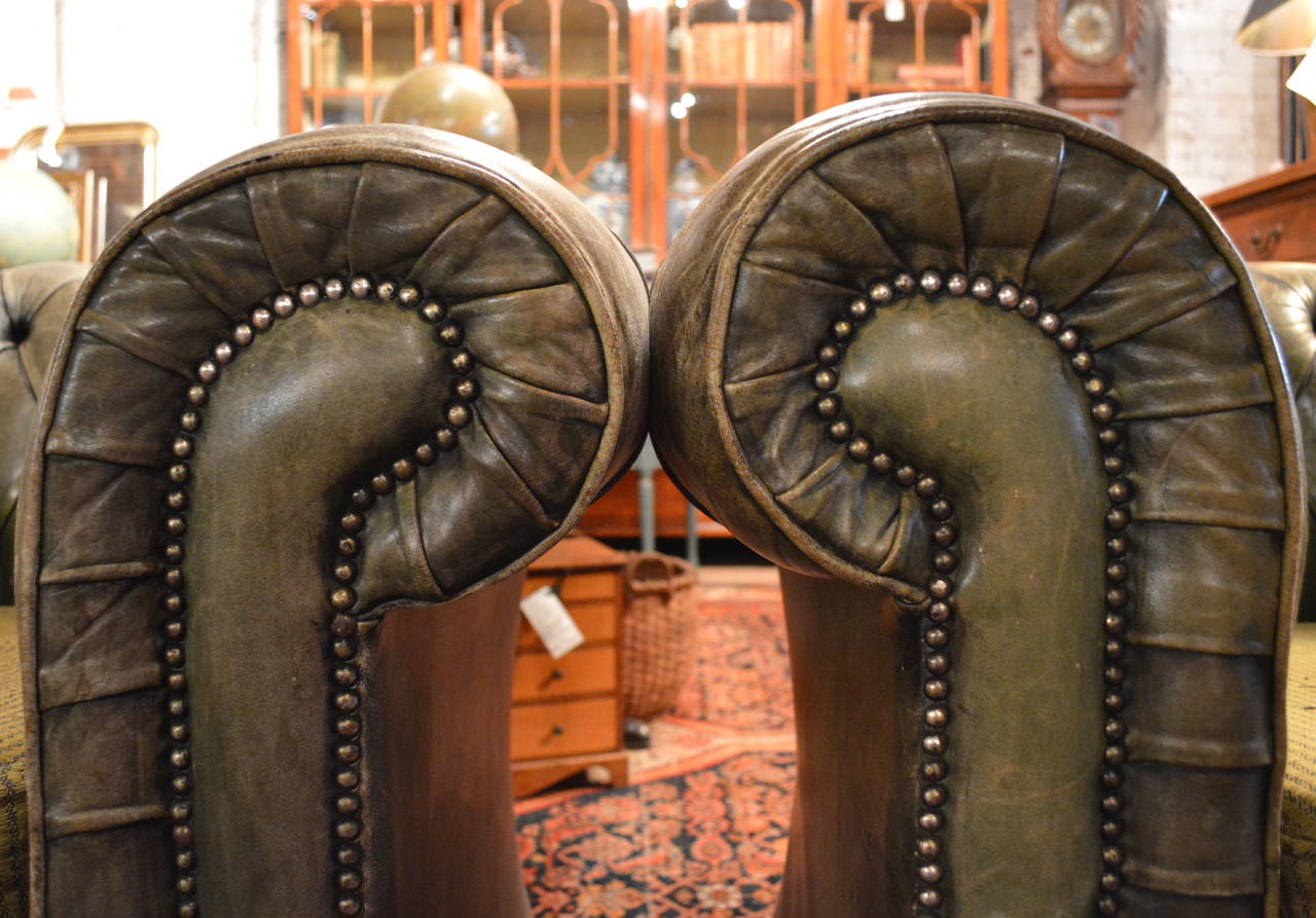 English Green Leather Tufted Chesterfield Club Chairs For Sale at 1stDibs