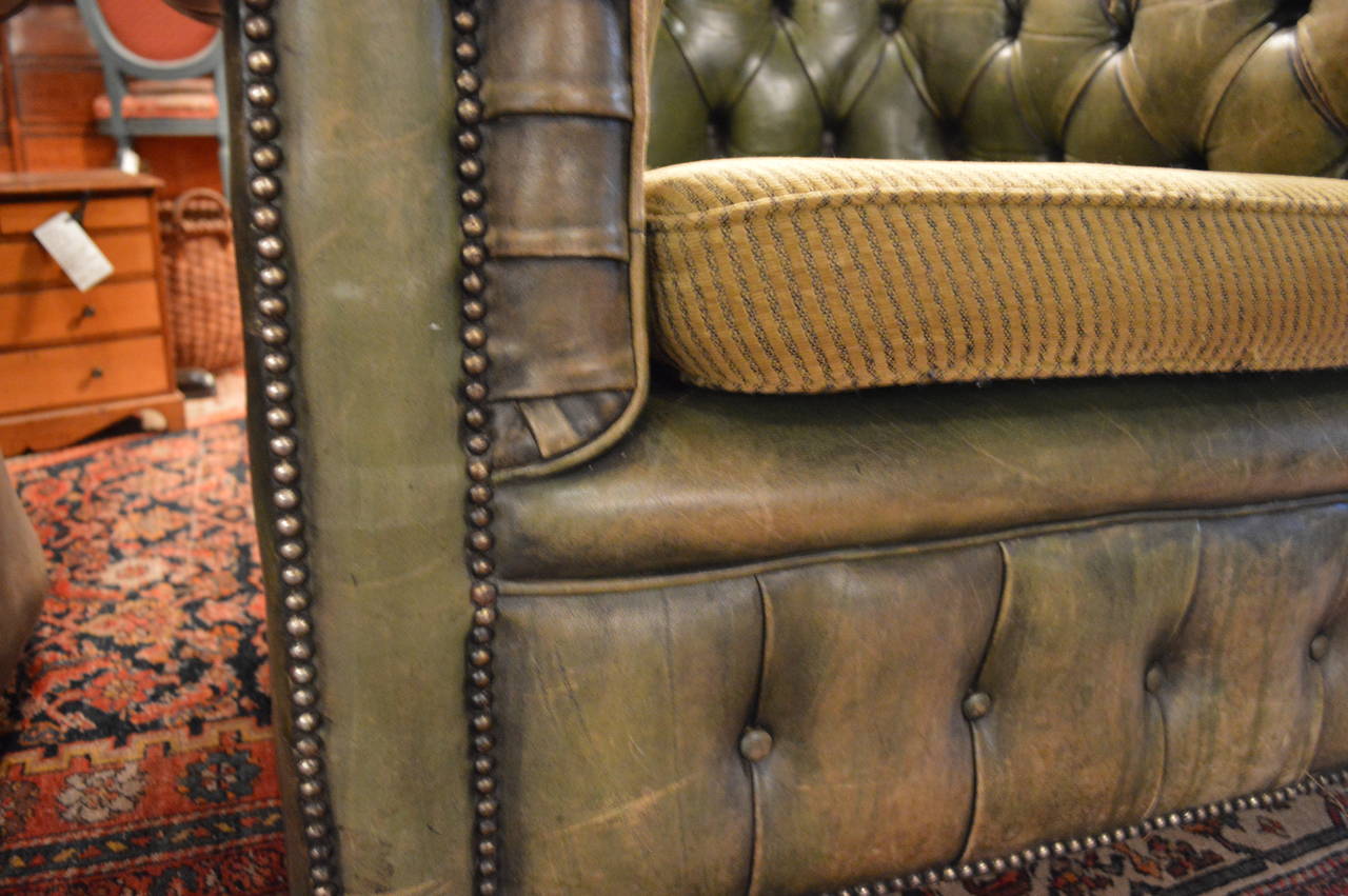English Green Leather Tufted Chesterfield Club Chairs
